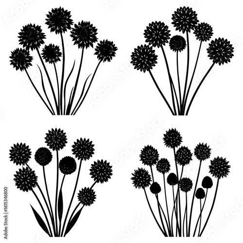 Four clusters of stylized allium flowers with round blooms and slender stems in black silhouette style