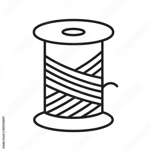 Spool of thread icon representing textile industry sewing craft tailoring equipment and fiber or yarn material for fashion design line vector stroke