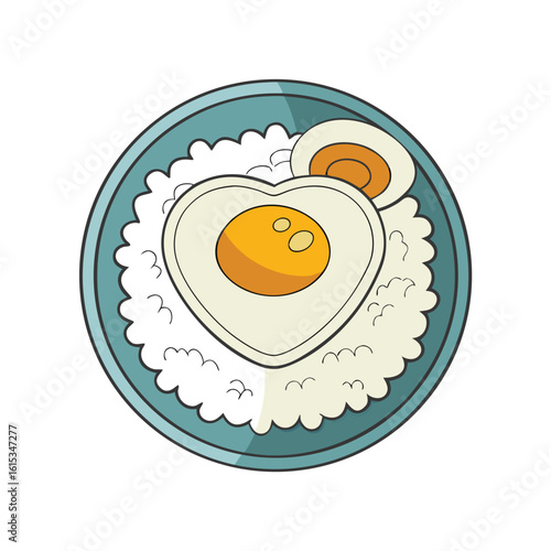 Heart shaped fried egg with rice and boiled egg breakfast food
