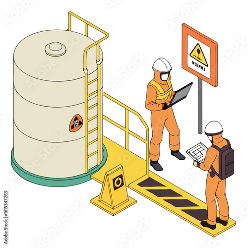 Workers in safety gear perform pre-entry inspection for confined space inside large tank, guided by supervisor in isometric cartoon illustration.