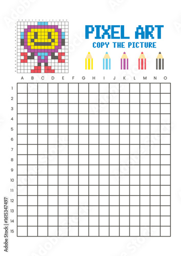 Copy the picture grid drawing worksheet for kids. Pixel art robot