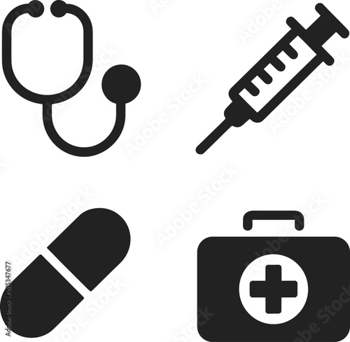 Medical icons stethoscope syringe capsule first aid kit vector