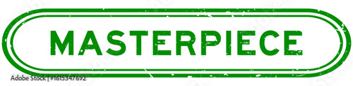 Grunge green masterpiece word rubber seal stamp on white background