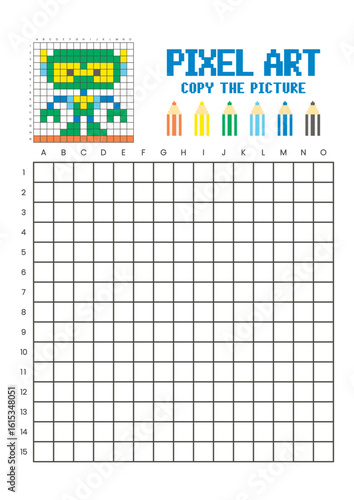 Copy the picture grid drawing worksheet for kids. Pixel art robot