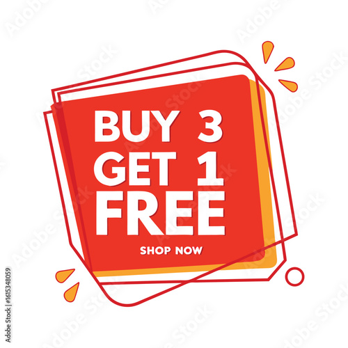 White text displays buy three get one free on an orange shape