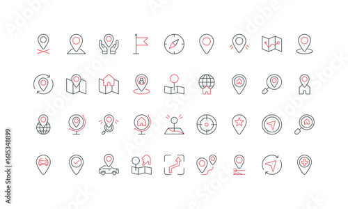 Location point, map pointer of destination place, travel navigation mark line icon set. Pinpoint with flag and house residence, car and hospital thin black and red outline symbols vector illustration