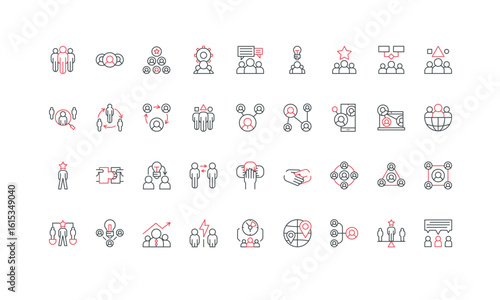 Teamwork communication, structure of human community, employee and member hierarchy line icon set. Partnership, support in business team, puzzle solution thin black and red symbols vector illustration