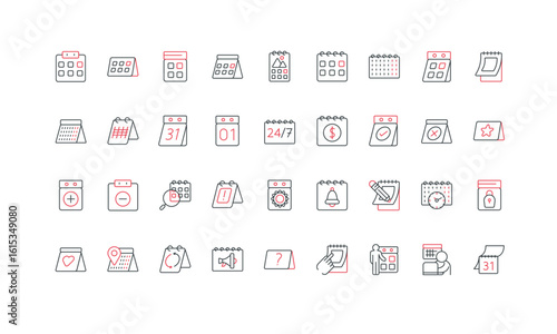 Calendar for agenda planning, business appointment schedule, mark date reminder line icon set. Plan deadline, daily and month, annual event planner thin black and red symbols vector illustration