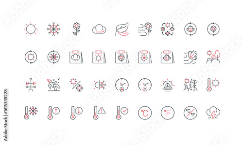 Four seasons, hot and cold weather of winter, summer and spring, autumn time line icon set. Decrease and increase temperature of air on thermometer thin black and red symbols vector illustration