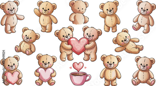 Adorable Teddy Bears with Hearts and Hot Drink in Pink Mug Illustration