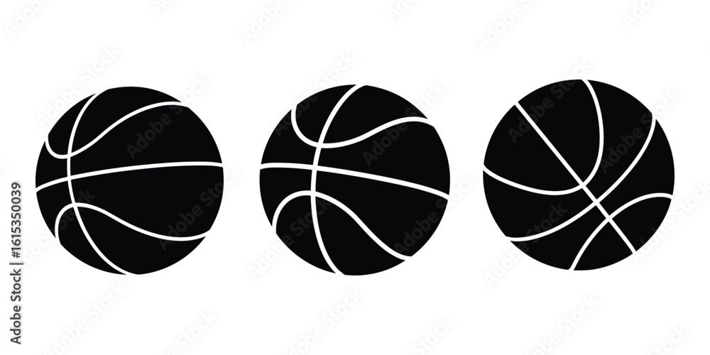 Obraz premium Three simple black basketball icons with white line accents on white backdrop.