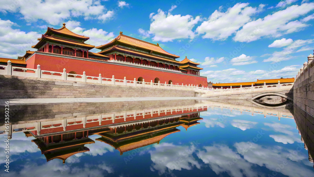Obraz premium Ancient buildings of the Forbidden City Palace Museum in Beijing, China reflected in water