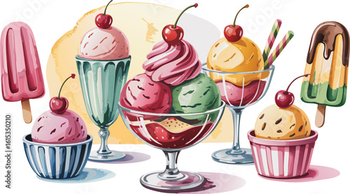 Assortment of Delicious Ice Cream Sundaes and Popsicles Featuring Cherries and Colorful Bowls, All Isolated