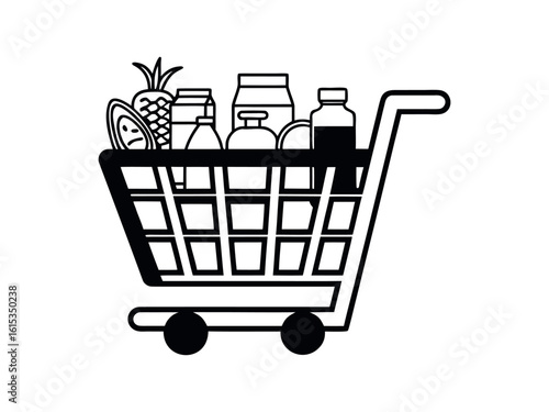 Vector illustration silhouette black shopping cart with groceries