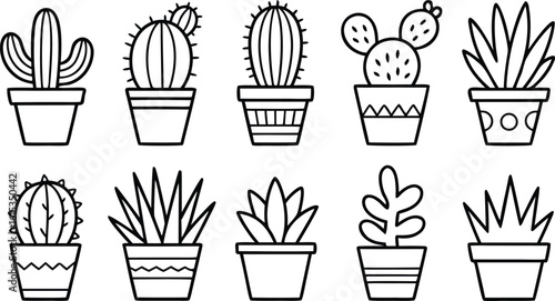 Black and White Line Art Illustration of Ten Potted Cacti and Succulent Plants