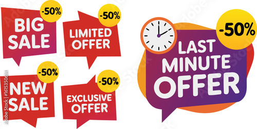 Bright Sale Stickers Featuring Big Sale, New Sale, Limited Offer, Exclusive Offer, and Last Minute Offer