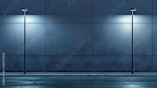 Empty city street at night, illuminated by streetlamps against a gray concrete wall
