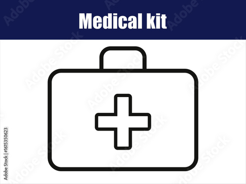 Black and white medical kit icons with plus symbol