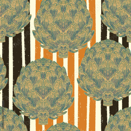 Seamless pattern with hand-drawn artichokes on abstract stripes background. A blend of vintage and modern sketch style inspired by Mediterranean aesthetics