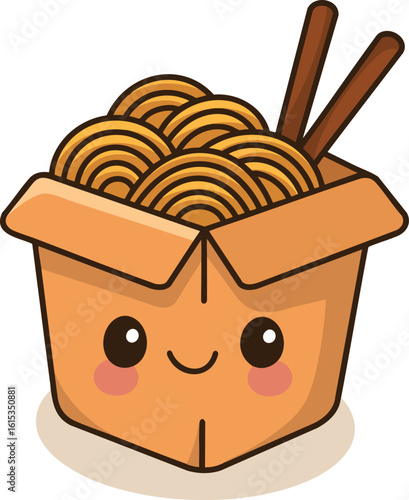 Kawaii cartoon noodle box with chopsticks and happy face. Asian food style, fun and playful illustration for stickers, packaging, or menus.