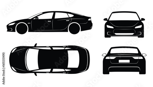 Detailed Automotive Silhouette: Black Sedan Views - Side, Front, Rear, and Top Angles.