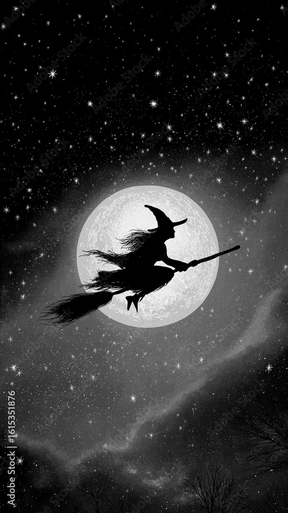 Naklejka premium Silhouette witch fly broomstick across full moon light up magical night sky.