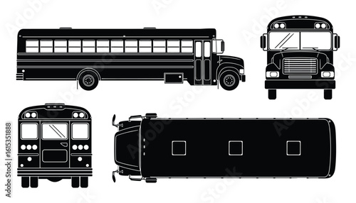 Black School Transportation Vehicle Blueprint - Side, Front, Top, and Rear View