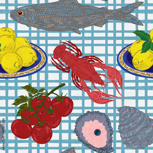 Sardines, tomatoes, oysters, lobster and lemons. Modern retro illustration with sketch elements. Seamless pattern inspired by the Mediterranean