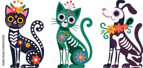 Colorful Dia de los Muertos Art Featuring Sugar Skull Animals Cat, Cat and Dog