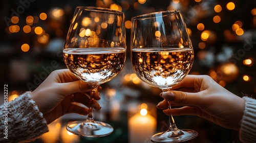 Two wine glasses raised in celebration, outdoors at night.
