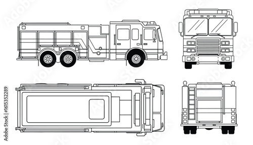 Detailed Blueprint Illustration: Front, Side, and Top Views of a Fire Engine Truck.