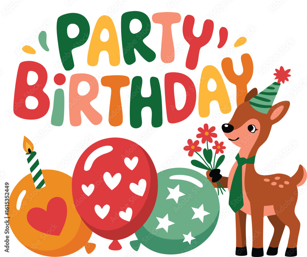Fototapeta premium Colorful Party Birthday Design Cartoon Deer with Balloons and Flowers Illustration