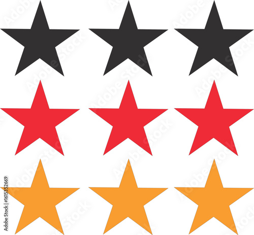  three red stars and six black stars arranged in three rows