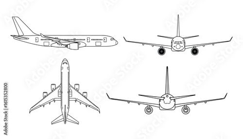 Aircraft Technical Drawing: Precise Illustrations of Jet Plane from Multiple Angles