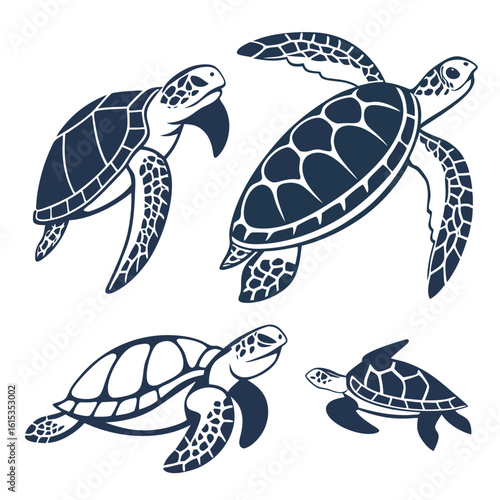Four stylized dark blue sea turtles swimming gracefully on a white background