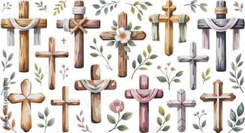 Decorative Watercolor Religious Crosses Collection with Floral Accents and Drapes for Easter Celebration