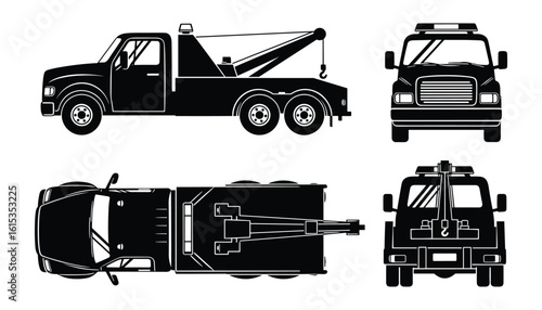 Black and White Tow Truck Set Depicting Multiple Angles for Mechanical Drawings