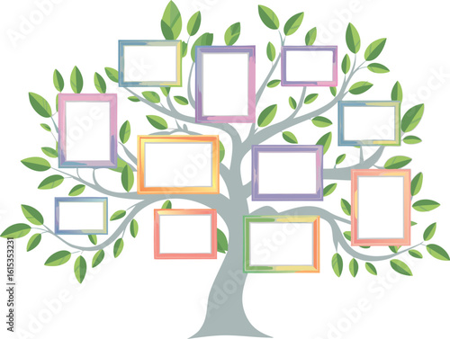 Family Tree Illustration with Colorful Frames and Green Leaves on White Background