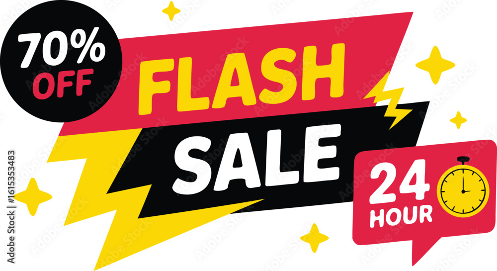 Fototapeta premium Flash Sale 70% Off Limited Time Only 24 Hour Deal with Star Accents and Lightning