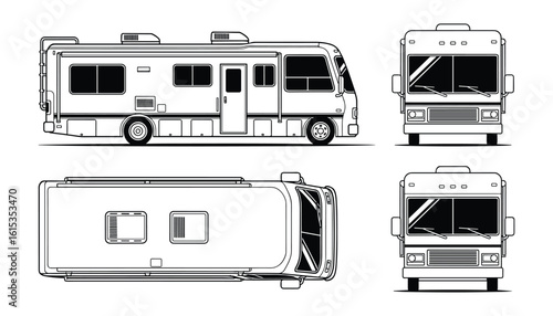 Detailed Vector Illustration of a Recreational Vehicle from Multiple Perspectives