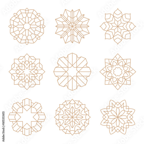 Set of islamic arabic geometric line icons set collection in gold. Perfect for luxury branding, Muslim decor mandala, sacred symbols, or cultural design assets. Inspired by traditional Arabesque form.