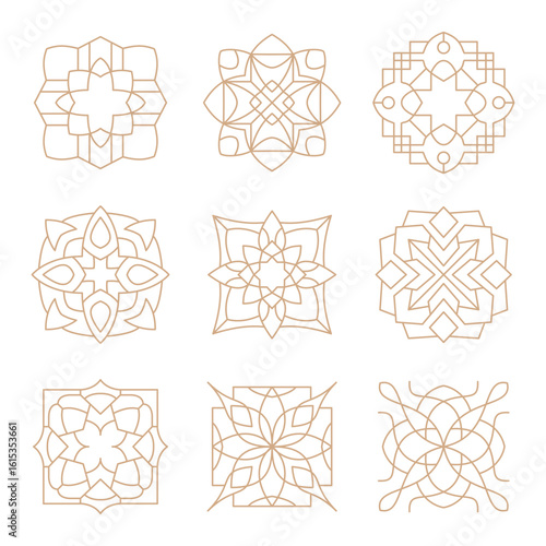Set of islamic arabic geometric line icons set collection in gold. Perfect for luxury branding, Muslim decor mandala, sacred symbols, or cultural design assets. Inspired by traditional Arabesque form.