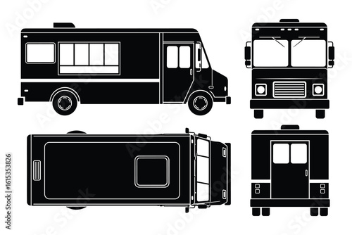 Detailed Vector Illustration: Black Food Truck Blueprint Design Featuring Multiple Views.