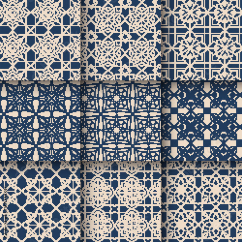 Set of Islamic geometric seamless patterns set collection, Elegant arabesque arabic tile pattern in blue and beige. Moroccan Middle Eastern art and sacred symmetry motif. Vector illustration.
