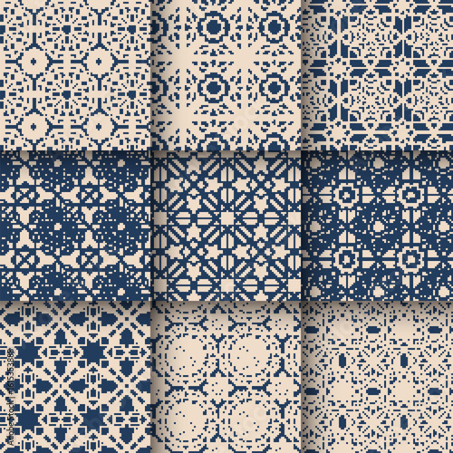 Set of Islamic geometric seamless patterns set collection, Elegant arabesque arabic tile pattern in blue and beige. Moroccan Middle Eastern art and sacred symmetry motif. Vector illustration.