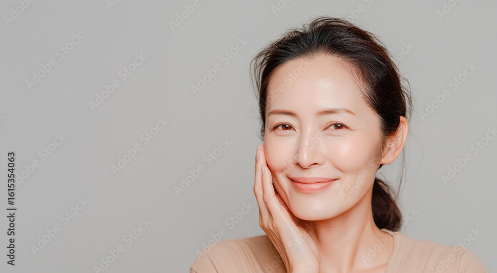 Natural beauty portrait of a middle-aged Asian woman with healthy skin. Simple gray background Natural beauty portrait of a middle-aged Asian woman with healthy skin. Simple gray background