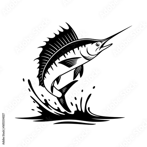 Sailfish Jumping Vector Art - Black and White Illustration for Fishing, Marine Life, and Sports Enthusiasts - High Quality Design for Logos, Apparel & More
