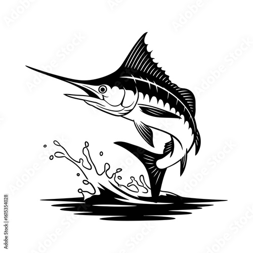 Sailfish Leaping Silhouette Vector - Black and White Marine Life Illustration, Fish in Action, Ocean Splash Art for Graphics, Apparel, and More