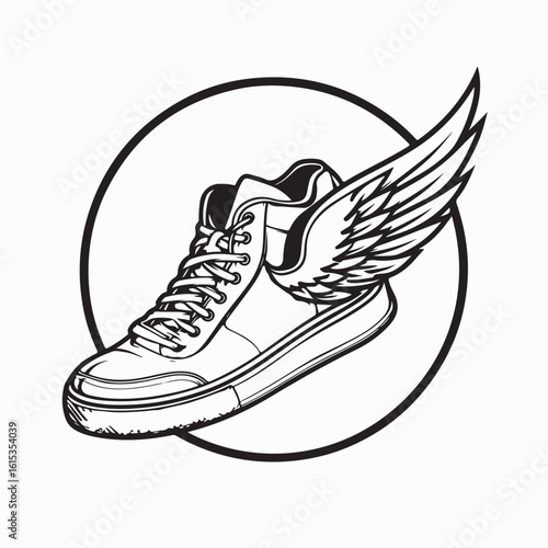 Winged Sneaker Inside Circular Frame Vector Design Representing Speed, Freedom and Motion