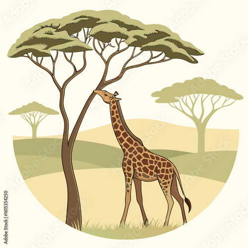 Giraffe nibbling on tree branches in the african savannah landscape